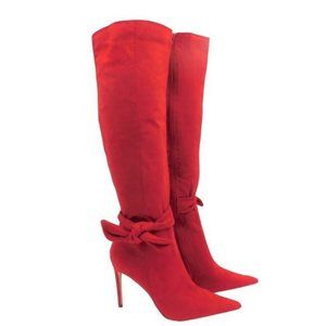 Chase + Chloe Pointed Toe, Red Knee High Suede Boots w/ Bow